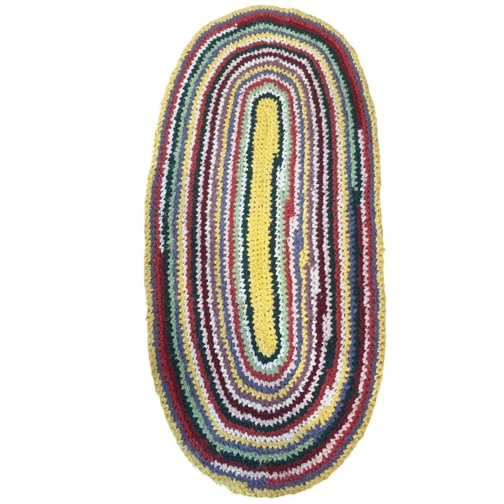 Vintage Crochet Rag Rug Oval Multicolor Striped Cottagecore Farmhouse Mat 49x23